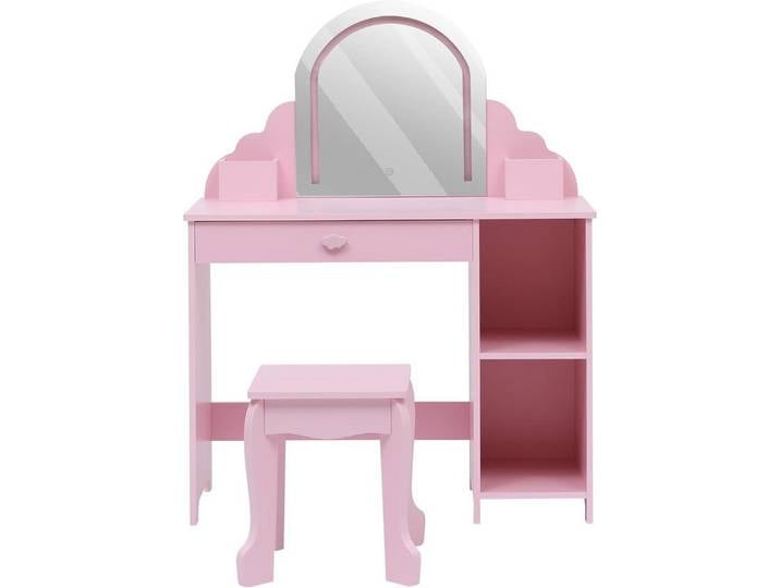 GarveeMore Schminktisch Kinderschminktisch mit Spiegel und Hocker, Robustes Holz Schminktisch, mit Beleuchtung&Schublade,Wellenrand Kosmetiktisch Kinderzimmer Möbel