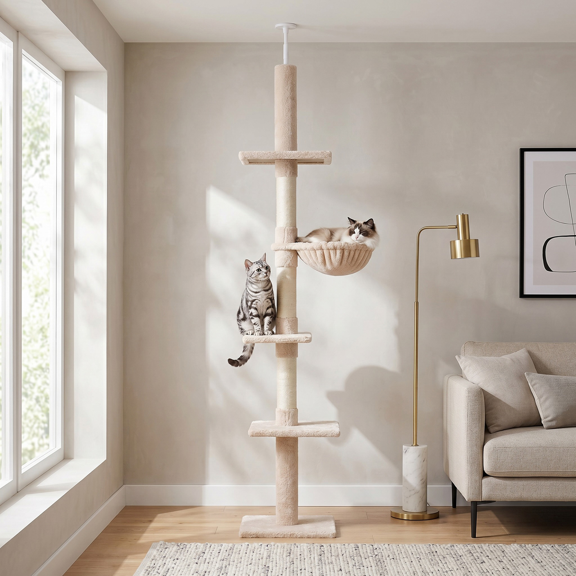 Pawhut Albero Tiragraffi Multilivello a Soffitto con Amaca e Altezza Regolabile, 40x34x230-260cm, Beige Aosom