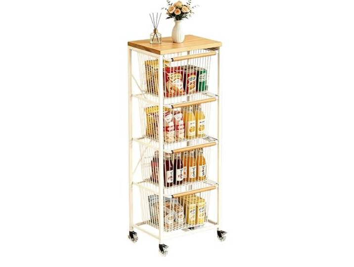 Rv2sGf3kH Küchenwagen 4-stufiger rollender Aufbewahrungswagen, bewegliches Snack- und Gemüse-Obst-Organizer-Regal(Weiß)