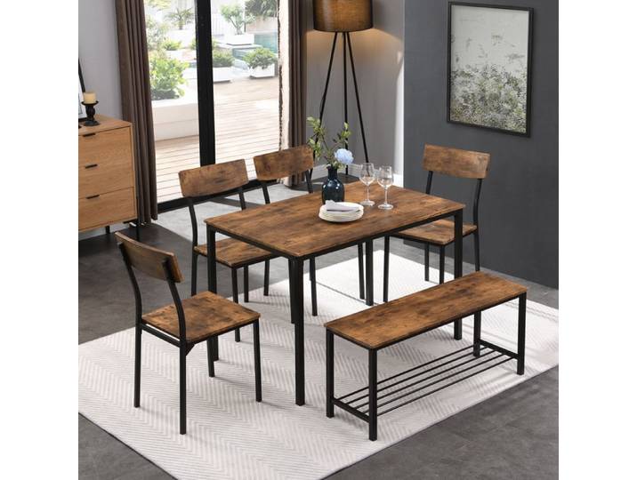 Table à manger chaise et banc ensemble 6 cadre en acier industrie style cuisine table à manger ensemble