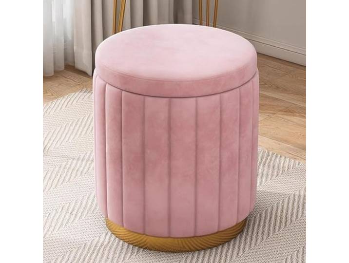 AOICXB Runder Aufbewahrungs-Schminkhocker aus Samt mit abnehmbarem Deckel, Kleiner Fußhocker goldenem Metallsockel, Wohnzimmer(Pink)