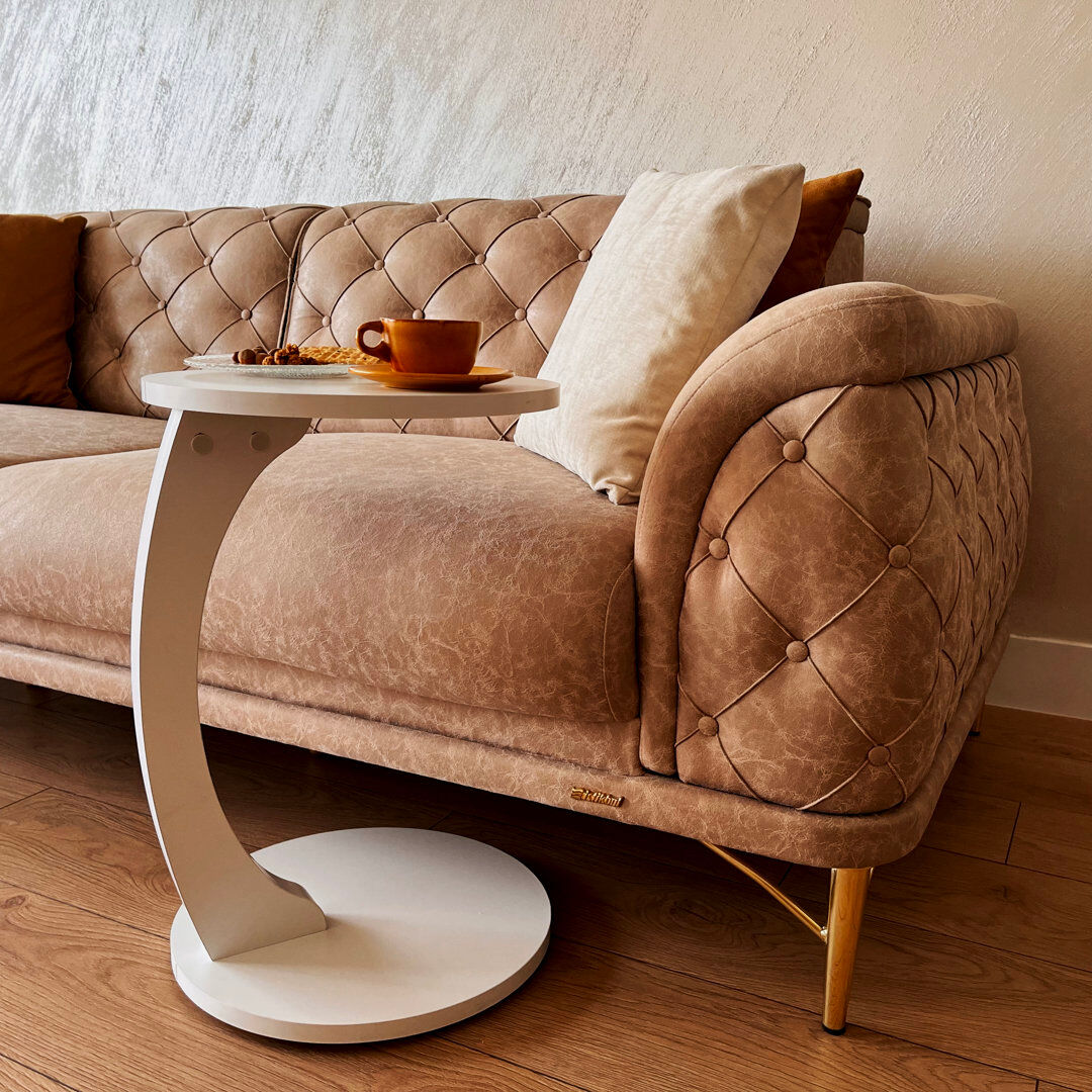 Latitude Run Adhem C-Shaped Round End Table with Rolling Wheels: A Movable, Space-Saving Side Table Perfect for Sofas, Living Rooms, Bedside Areas, and Optimizing White 56cm H X 34cm W X 34cm D