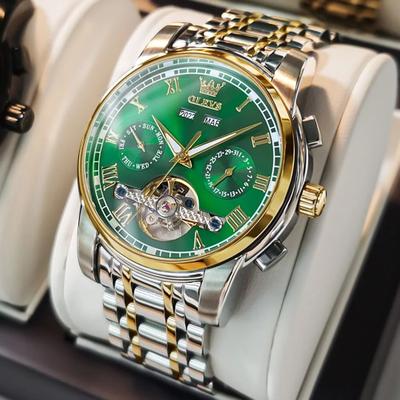 Uplifted Finds OLEVS Mens Automatic Mechanical Skeleton Business Watch Waterproof Stainless Steel Strap gold green Face