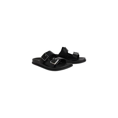 Pantolette CALVIN KLEIN "CITY SANDAL BUCKLE LTH", Damen, Gr. 37, Leder, schwarz, Basic, Schuhe Pantolette, Sommerschuh, Hausschuh, Strandschuh mit Plateau und Schnallen