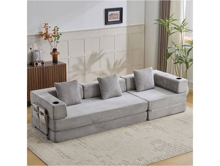 WOVREO Canapé-lit compressé pliable 3 places en corduroy gris clair avec porte-gobelet et poche latérale