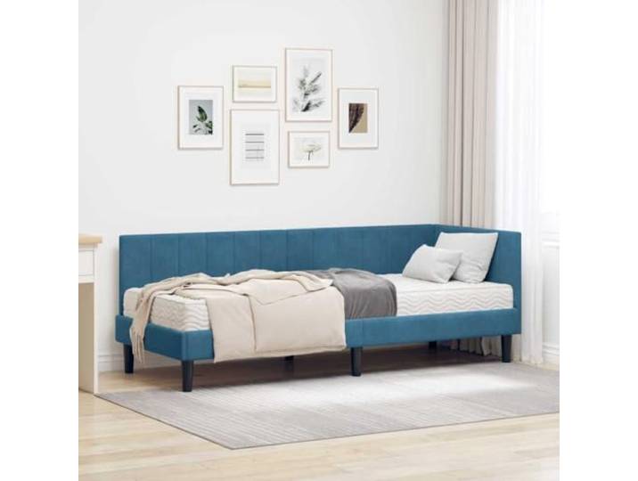 LPERTGFHU Eckbettgestell mit Matratze 80 x 200 cm, Samt Polsterbett Blau Platzsparendes Design, Inklusive Kaltschaum-Auflage, Stabile Holzkonstruktion
