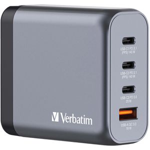 Verbatim USB-Ladegerät GNC-140, GaN, 140 Watt, 3x USB-C und 1x USB-A, 4 Ports, Schnellladegerät