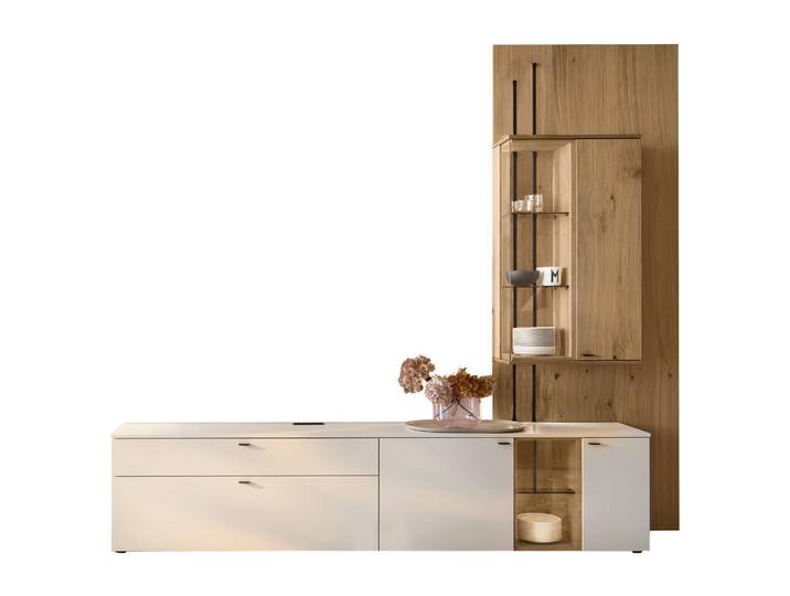 Venjakob Wohnwand, Weiss, Wildeiche, Holz, Glas, Holzwerkstoff, Wildeiche,Eiche, furniert, 7 Fächer, 1 Schublade(n) Schubladen, 270x241x43 cm, Goldenes M, Made in Germany, Dgm, DGM-Klimapakt, DGM-Emissionslabel, Typenauswahl, Beleuchtung, in verschiedenen Holzdekoren erhältlich, Wohnzimmer, Wohnwand, Komplette Wohnwand