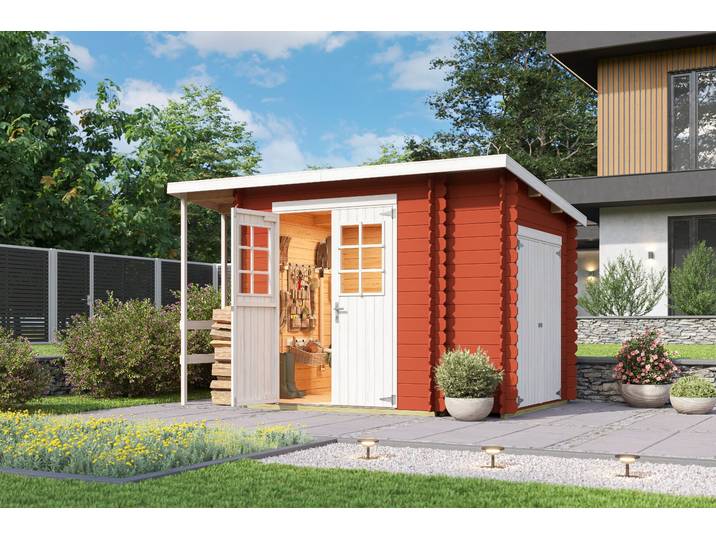 Gartenhaus NORDIC HOLZ Vilano 3 , rot (schwedenrot), ohne Fußboden, ohne Dacheindeckung, Massivholz, Gartenhäuser, Gartenhaus, mit 3 getrennten Bereiche