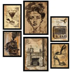 POSTER Set Mit 6 Vintage Life Wein Zehenschuhe Radio Frau A3 & A4 Schwarzer Rahmen
