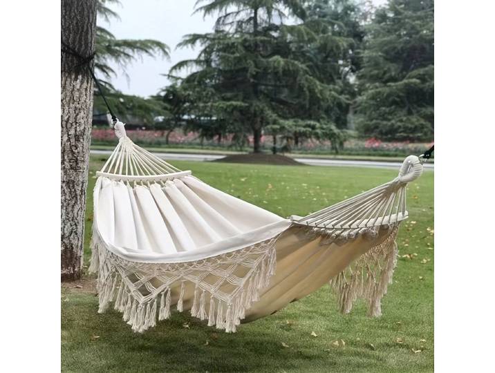 Hamac double bohème pour 2 personnes, motif rayé rouge blanc avec glands, hamac d'extérieur en corde robuste avec sac de transport