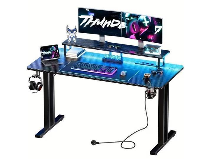 Bureau Gaming 160 x 60 cm Bureau Ordinateur avec Support Moniteur et LED Porte-Gobelet Ergonomique Noir