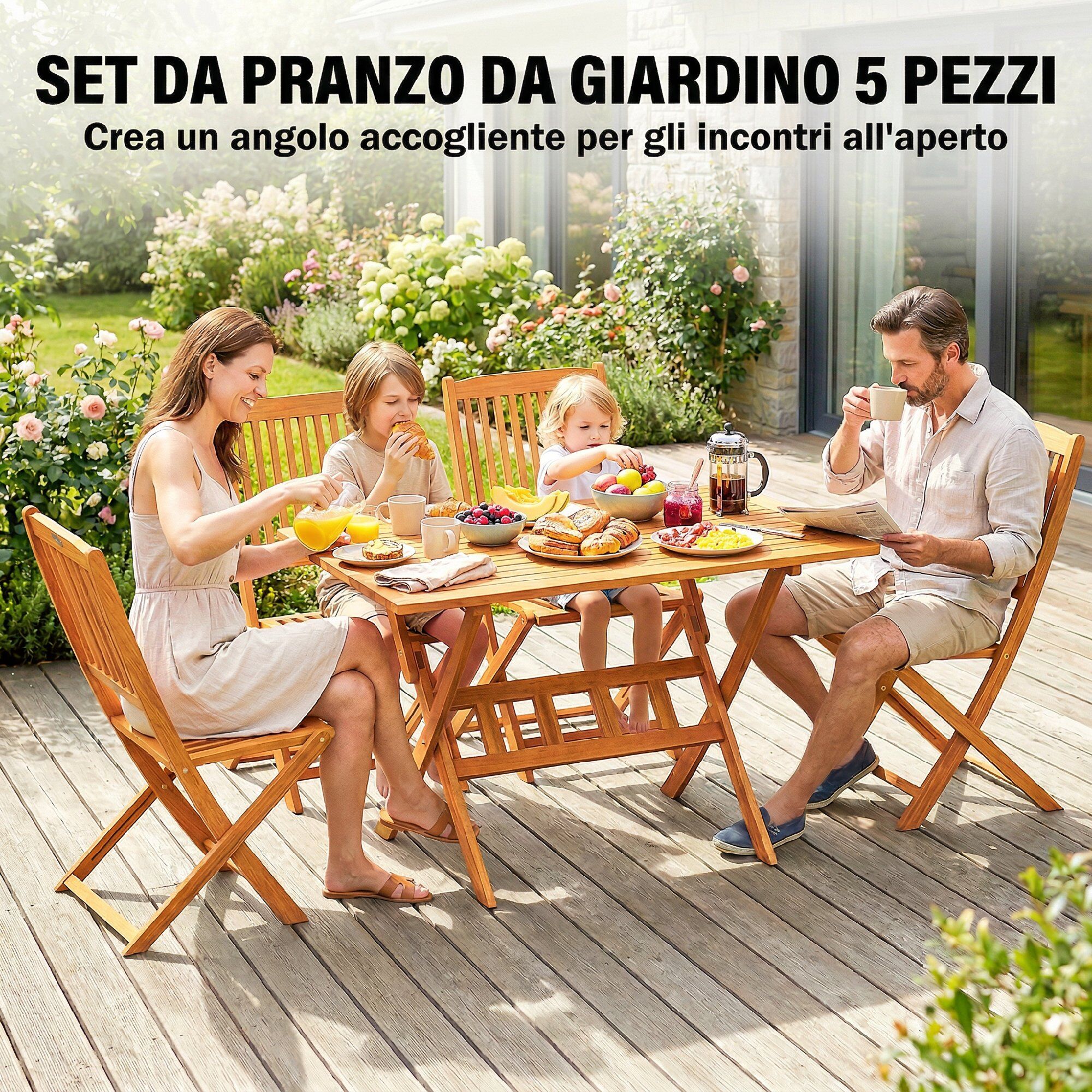 Altro Set Da Pranzo Da Giardino 5 Pezzi, Tavolo E 4 Sedie Pieghevoli