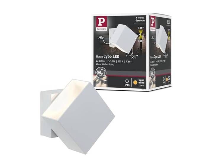 Paulmann LED Wandleuchte Cybo 2x3,5W 2700K IP65 Weiß Aluminium Indirekte Lichtakzente im Außenbereich, drehbares Lichtmodul, IP65 strahlwassergeschützt, 200lm