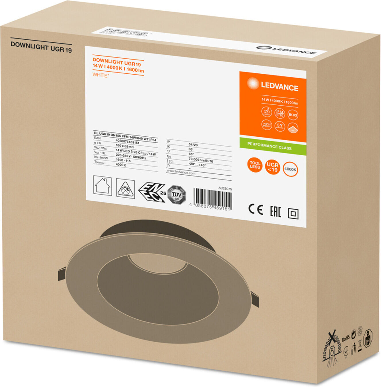 LEDVANCE LED-Downlight 4000K UGR19 DLUGRDN155PFM14W840 (4058075459151)