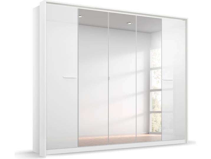 Drehtürenschrank, Weiß Hochglanz, 230x212x58 cm, Holzwerkstoff, Mit Mittelspiegel, Klassisch, Rauch