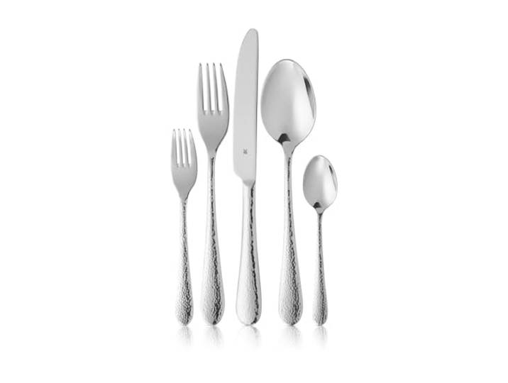 WMF Sitello Besteck Set 12 Personen, Cromargan, Essbesteck Set 60 teilig, Monobloc-Messer, Cromargan Edelstahl poliert, Hammerschlag, ergonomisch, glänzend, spülmaschinengeeignet, silber