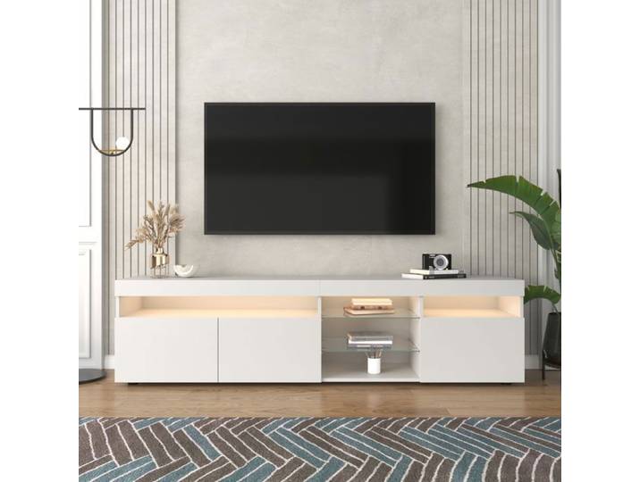 Meuble TV Maisentiel 180 cm panneau blanc brillant MDF avec bande LED multicolore rangement