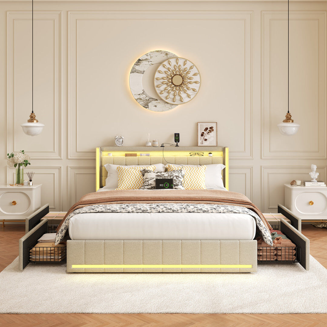 Ivy Bronx Estella Linen Upholstered Bed With LED Lighting And 4 Storage Drawers Beige European Kingsize (160 x 200 cm)