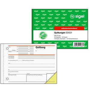 Sigel Quittungsblock SD021, fälschungssicher, MwSt. separat, selbstdurchschreibend mit 1 Durchschlag, A6 quer, 2 x 40 Blatt