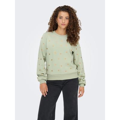 Sweatshirt ONLY "ONLATIKA L/S O-NECK GLITTER EMB. BOX SWT", Damen, Gr. M, gold (desert sage detail:anny hearts big (gold)), Sweatware, Obermaterial: 65% Polyester, 35% Baumwolle, bedruckt, Rundhals, Sweatshirts Sweatshirt