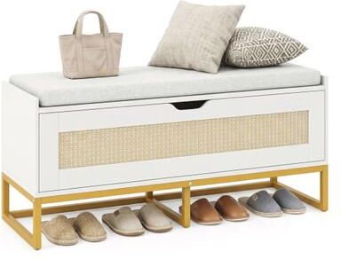 "Costway 39.5"" Rattan Storage Chest Wicker Shoe Bench with Padded Seat Flip-Top-White"