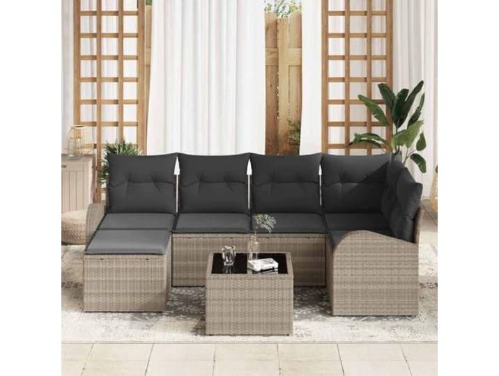 KTHLBRH Sofa-Set, modular, hellgrau, 7-teilig, Polyrattan Strapazierfähige atmosphärische Mittel, Stahlrahmen, abnehmbare Kissen, Aufbewahrungsbehälter