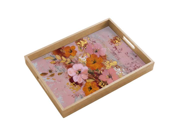 OnlyWow Tablett - Malerei - Blumen - Rustikal - Rosa - 50x35 cm, Holz, Echtholz,Eiche, Rechteckig, 50x5x5 cm, Geschirr, Tischkultur & Serviergeschirr, Tabletts