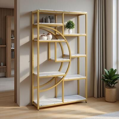 ZWYO HOSIMU "37.43"" Metal Laminate Top 9-Shelf Freestanding Display Bookcase with Geometric Half-Moon Design & Industrial Style"