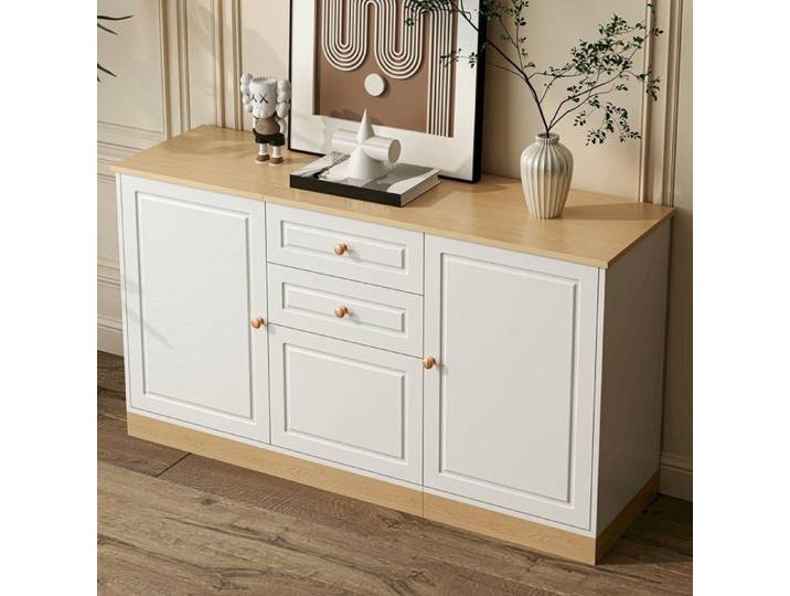 Buffet bas - Buffet blanc et bois - 3 portes - 2 tiroirs - Panneau de particules 135 5 x 39 x 76 cm