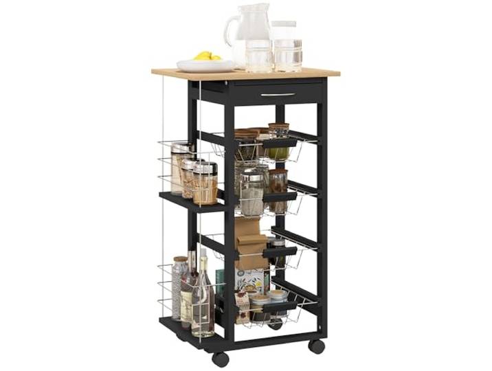 HOMCOM Küchenwagen mit Rädern und Schublade 47x37x83 cm Schwarz und Natur Mehrzweckwagen, 4 herausnehmbare Metallkörbe, Seitenrahmen