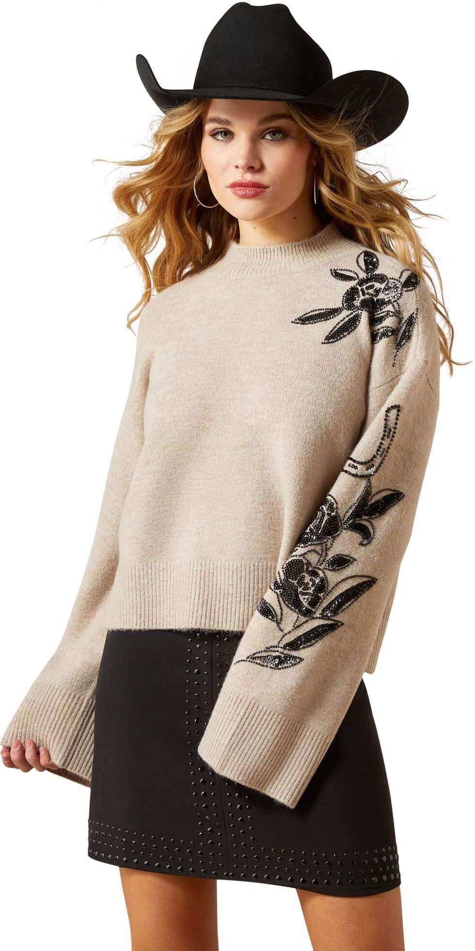 Women's All In Embellished Sweater in Oatmeal Heather, Size: XL by Ariat