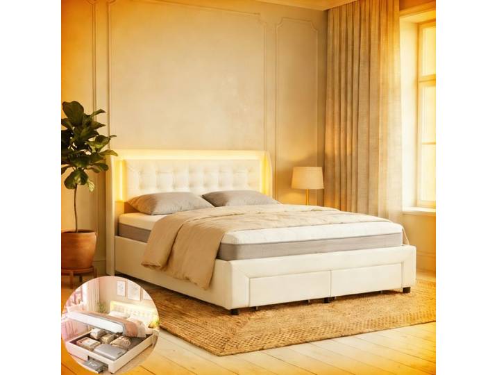 Lit 160x200 cm - NMONET - Hydraulique - LED - Tissu en velours - Cadre de lit 160x200 cm - Beige