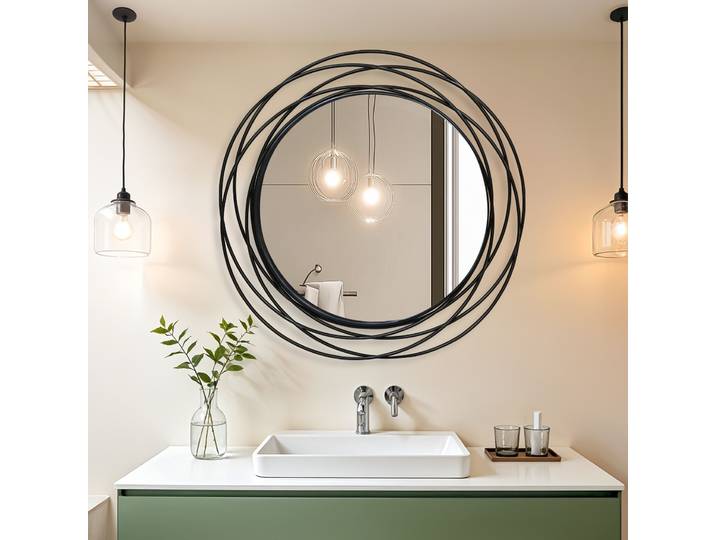 Miroir mural avec cadre en métal noir : miroir mural rond de 32 pouces avec cadre en fil de fer, miroir décoratif circulaire à suspendre au mur