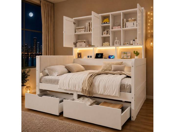Flieks Holzbett, Daybett Stauraumbett 90x200cm mit LED-Licht & Aufladen & 2 Schubladen