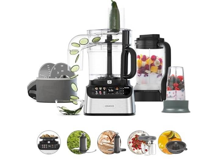 Kenwood MultiPro OneTouch - Küchenmaschine 1000W 3L Schüssel 12 Teile 1,5l Mixer, Integr. Waage, 6 Voreinstellungen, Smoothie-maker, Messer, 2 Scheiben, Knethaken, Schneebesen, FDM73.850SS