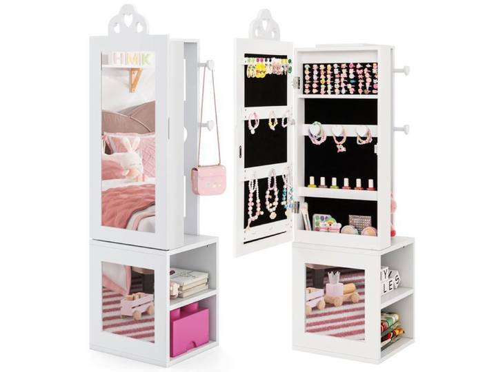 COSTWAY Armoire à Bijoux 3 en 1 pour Enfants avec Miroir Pleine Longueur Portant à Vêtements Rangement pour Bijoux Blanc
