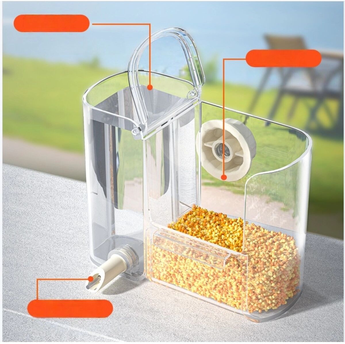 INF Automatische 2-in-1 transparente Kunststoff Vogeltränke und Futterspender, 250ml, stoßfest, passend für Vogelkäfige
