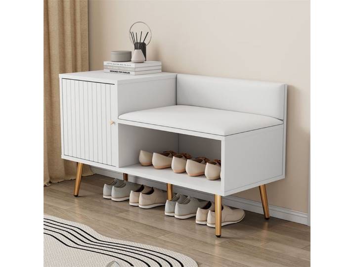 Banc de Rangement Chaussures - 100x38x58cm - Coffre Banquette Rembourrée Poignées et Pieds en Métal Entrée - Blanc