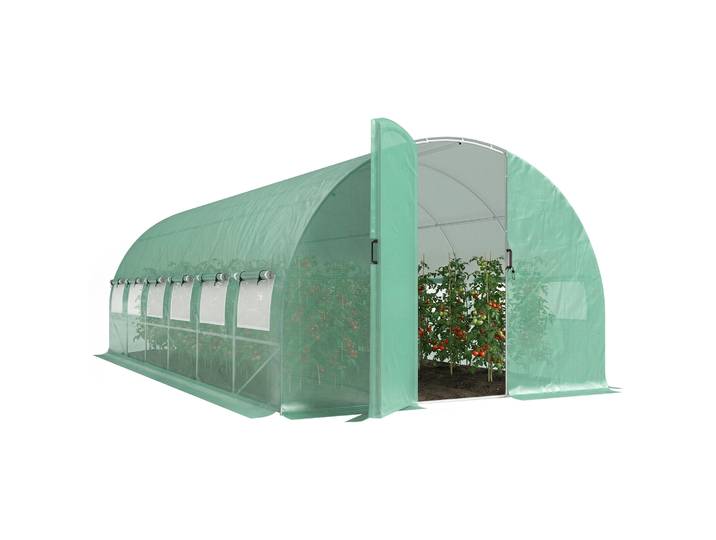 Outsunny Serre tunnel de jardin 18m², serre de jardin tunnel 295x597x200cm avec portes et 12 fenêtres avec moustiquaires, bâche