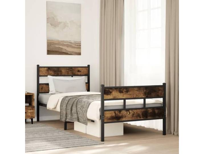 Stabiler Eisenrahmen Schlafzimmer Klassisches Design 100x190 cm Braun Metallbett ohne Matratze Räuchereiche 100x190 cm Bettgestell mit Lattenrost Stauraum Stabiler Eisenrahmen Jugendbett