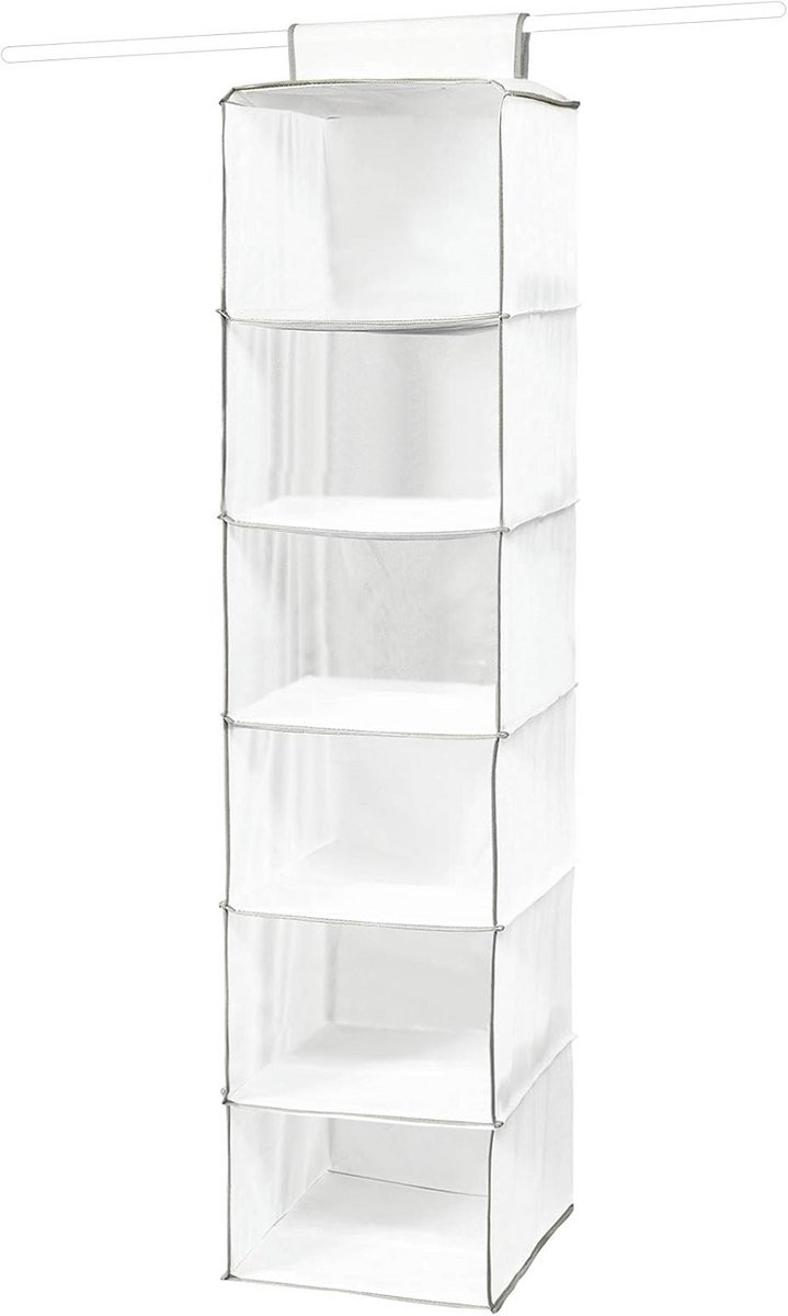 Hangende kledingorganizer met 6 ruime vakken - Wit - Hoogte: 128 cm