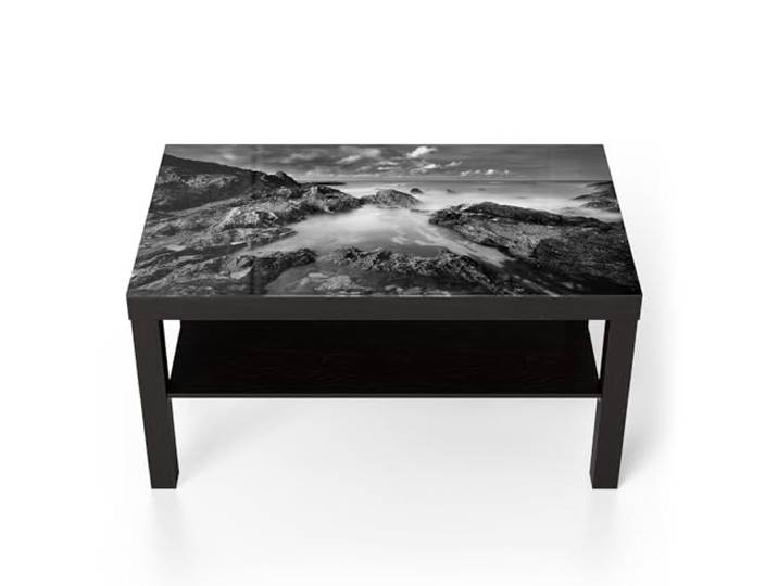 DEQORI Glastisch schwarz groß 90x50 cm Motiv Küstennebelgeflüster ausgefallener Beistelltisch aus Glas Hochglanz Couchtisch fürs Wohnzimmer moderner Couch Tisch mit Design