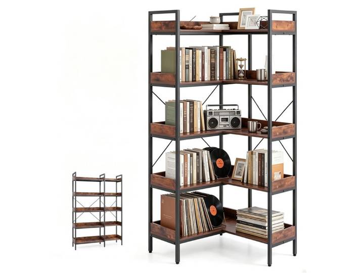 GIANTEX Bibliothèque Modulaire 5 Niveaux Organisateur d'angle Étagère sur Pied en Métal Traverses X Renforcées Charge 200kg Marron