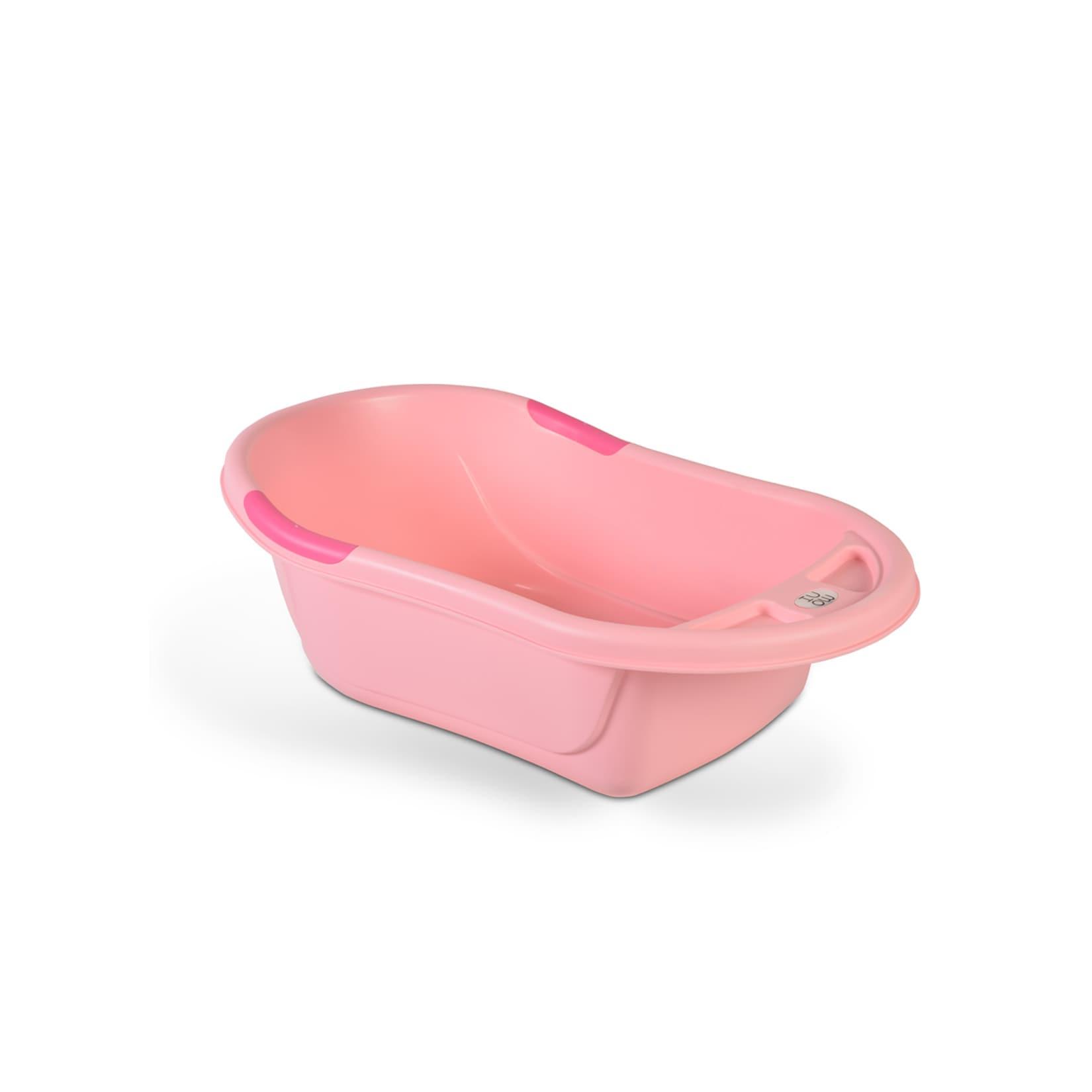 Babybadewanne Lilly platzsparend mit Wasserablauf, Ablagefächer für Zubehör rosa