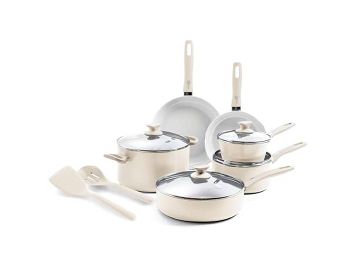 GreenPan Dover Healthy Ceramic Antihaft-Kochgeschirr-Set, 12-teilig, PFAS-frei, spülmaschinenfest, Komfortgriff, Cremeweiß