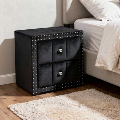 Benjara Nightstand, 2 Drawers, Crystal Knobs, Tufted Black Upholstery
