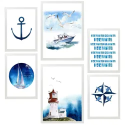 POSTER Set Mit 6 Dekoratives, Blatt Mit Marineblauer A3 & A4 Weißer Rahmen