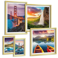 BILDER SET 5er Set - 50x50 cm & 20x30 cm & 40x60 cm Goldrahmen - Bergseen, Boote, Brücken