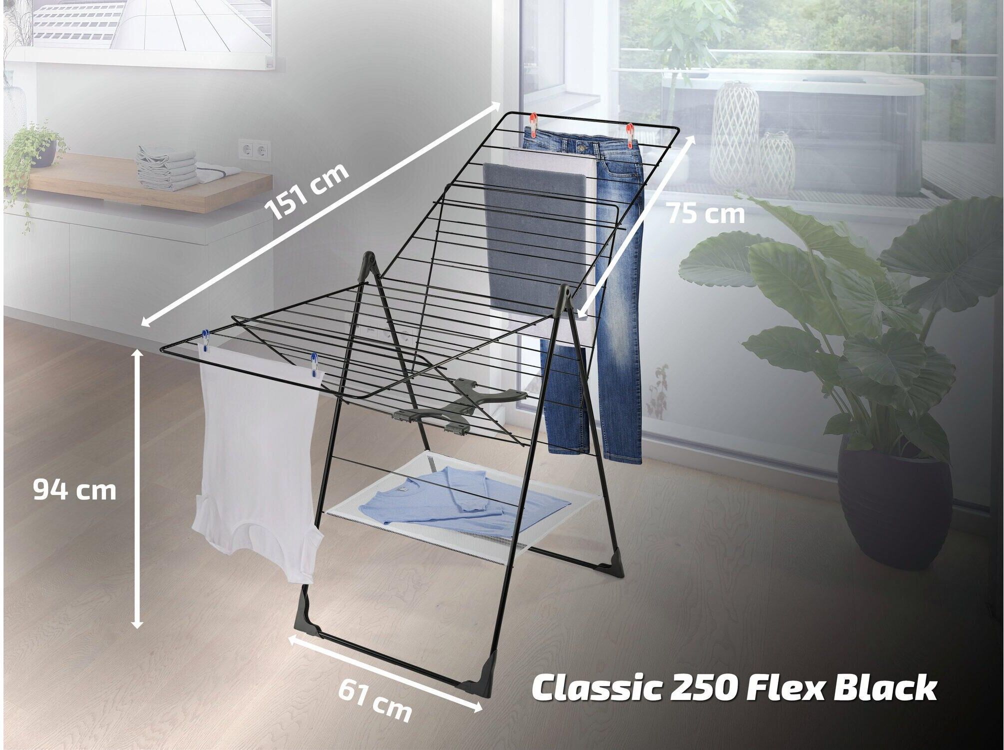 Wäscheständer LEIFHEIT "Classic 250 Flex Black 25 m", schwarz, B:61cm H:94cm T:151cm, Wäscheständer, Wäscheständer schwarz Einheitsgröße